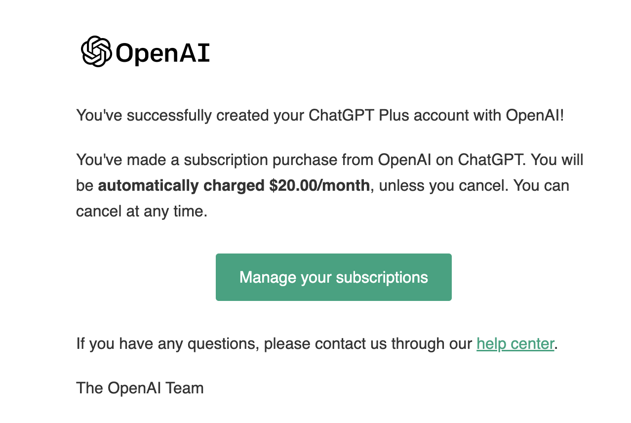 ChatGPT Plus confirmation letter
