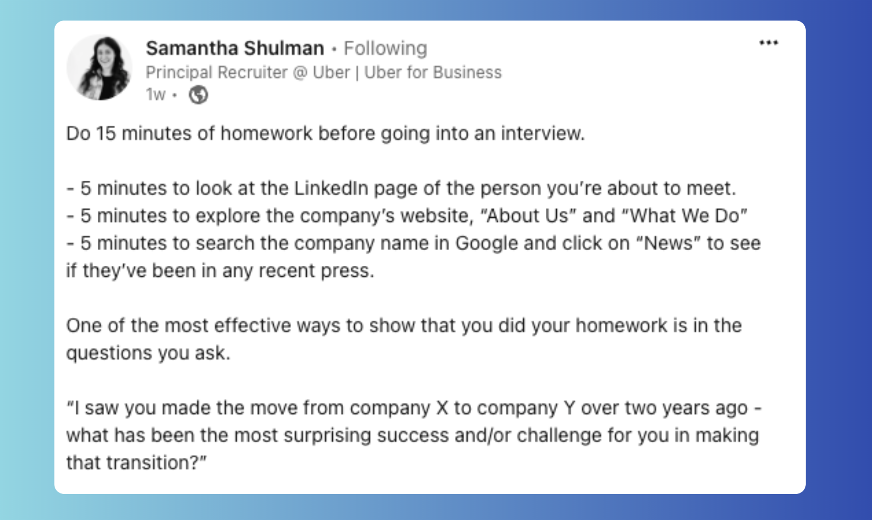 Samantha Shulman 在 LinkedIn 分享面试准备要诀