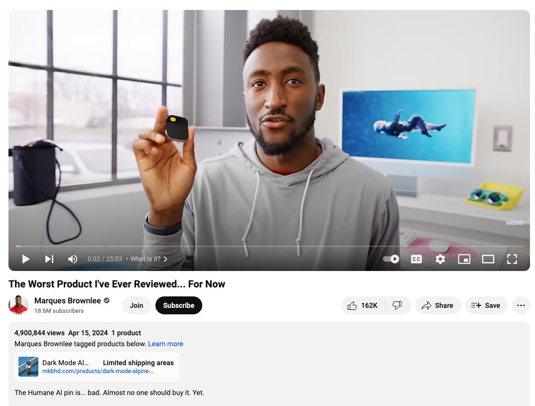 YouTuber MKBHD 評價 Ai Pin