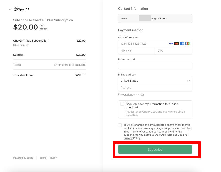 ChatGPT payment page