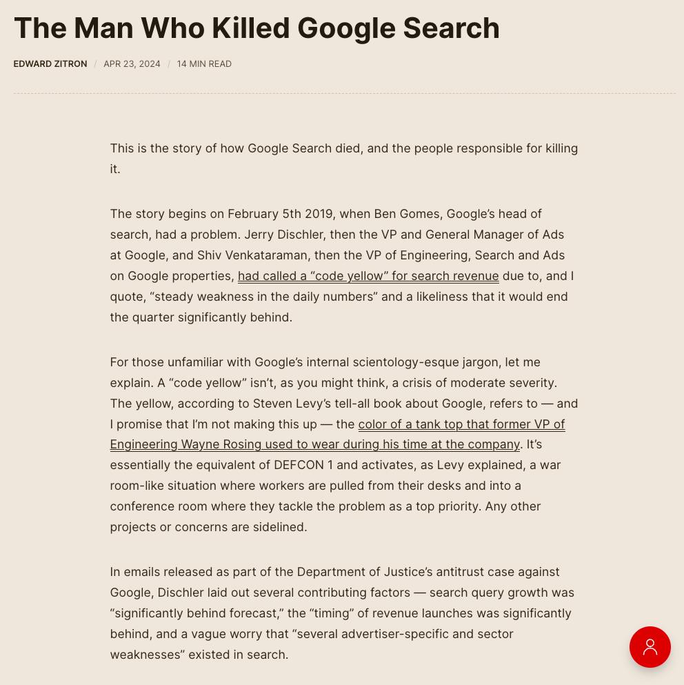 Edward Zitron 写的《The Man Who Killed Google Search》